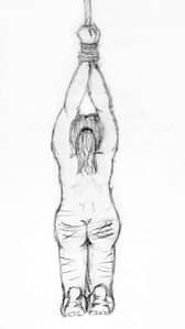 Sketch of rear-view of a woman on her knees with her arms tied above her head and lash marks on her buttocks and legs