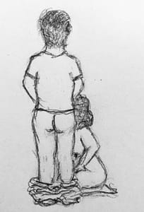 pencil sketch of rear view of man with trousers down and woman kneeling in front of him