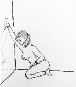 Sketch of tied and gagged woman on her knees in front of mirror