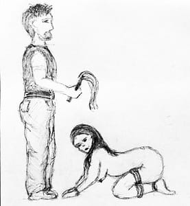 Sketch of bearded man in jeans wielding flogger and naked woman tied on her knees