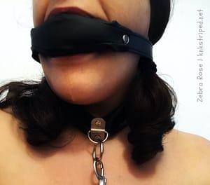 Colour photo close-up on my lower face, wearing a black muffle gag and collar, with a stream of drool trickling down my face 